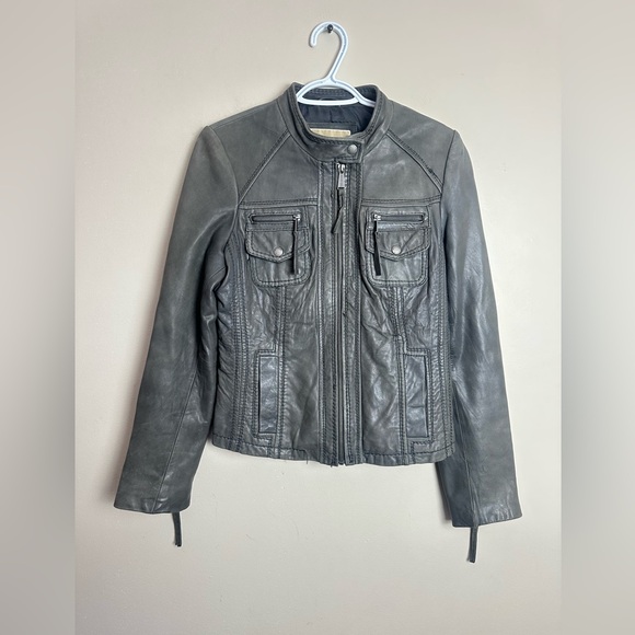 Michael Kors Leather Moto Jacket Size S Gray Genuine Leather Biker Jacket - Picture 2 of 6